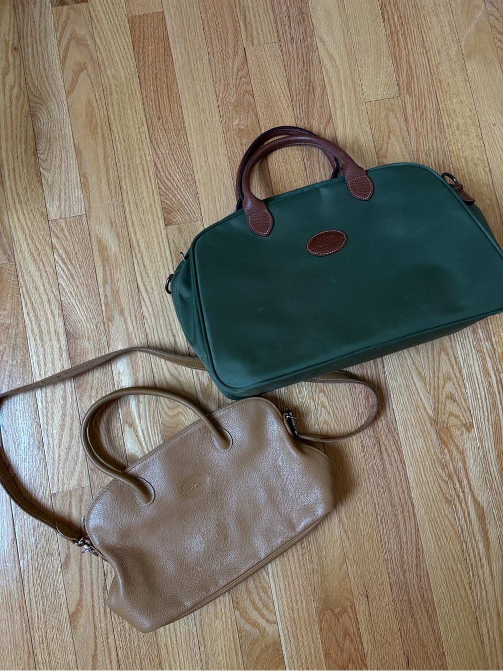 Vintage Longchamp Brown Leather Crossbody bag and Green Nylon Travel Bag